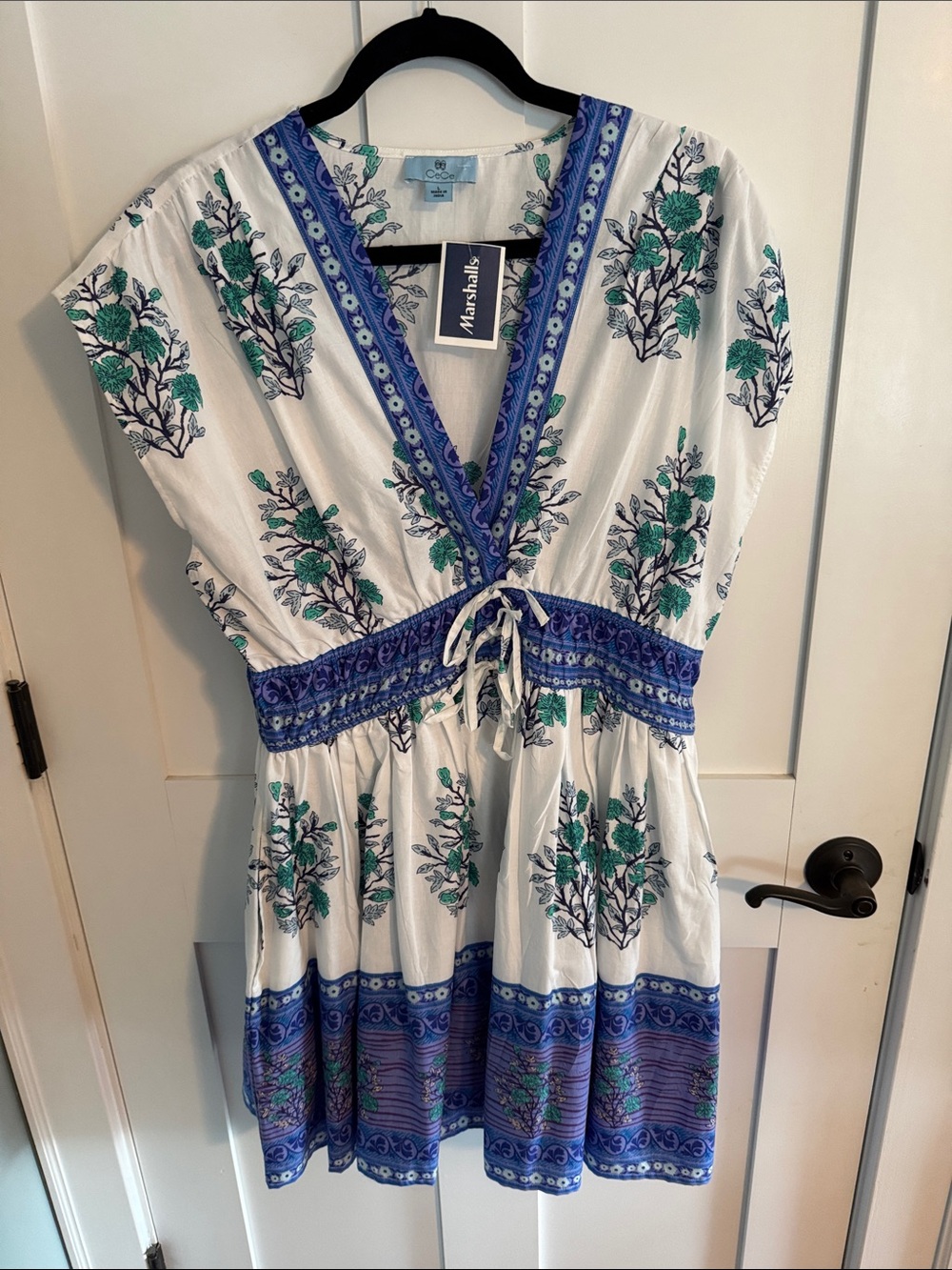 CeCe White with Blue Border & Green Floral Print size L cover up or dress
